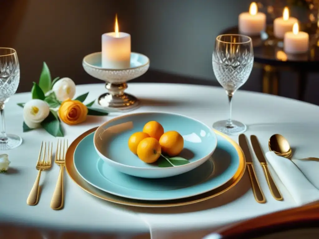 Una mesa de comedor de lujo francés bellamente decorada con accesorios para mesa de lujo, incluyendo vajilla fina, cristalería y cubiertos de plata