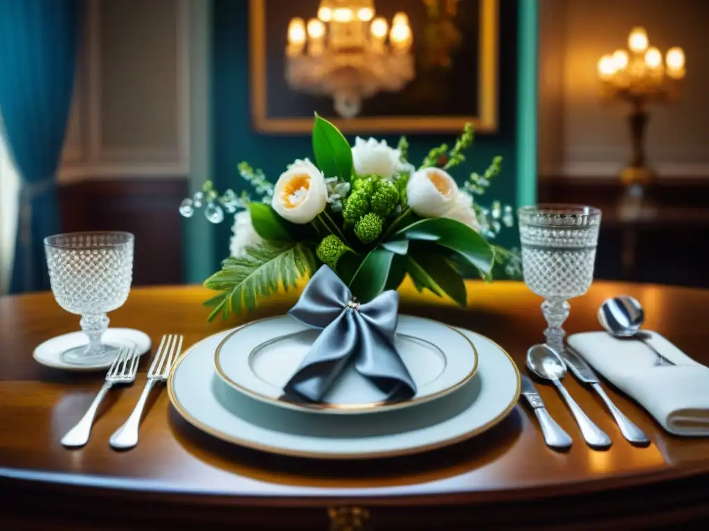 Exquisita mesa de comedor estilo francés del siglo XIX Una mesa de comedor lujosa al estilo de la gastronomía francesa del siglo XIX, con vajilla fina y arreglos florales elegantes