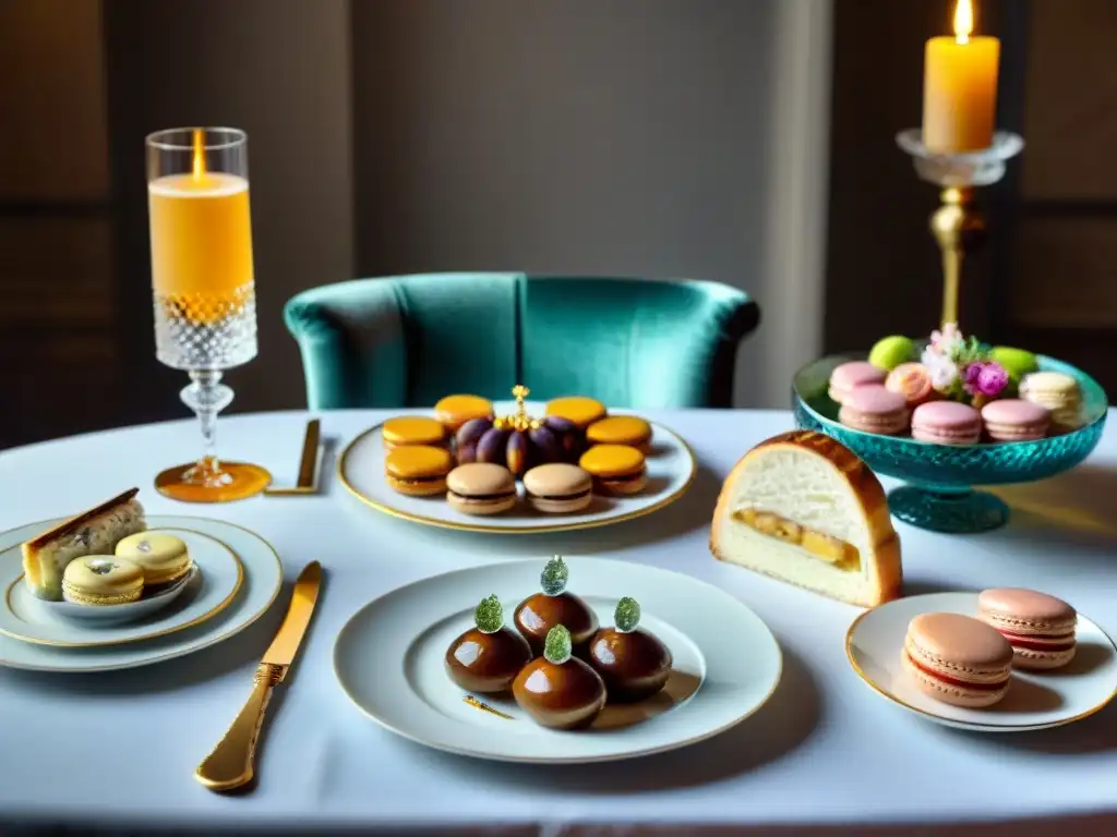 Una mesa de comedor lujosa con exquisita champaña francesa y platos gourmet, creando una atmósfera cálida y opulenta