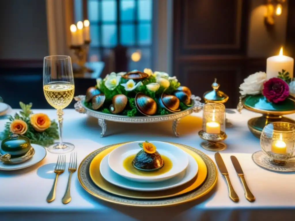 Una mesa de comedor lujosa de la Belle Époque con exquisita gastronomía francesa en cine época