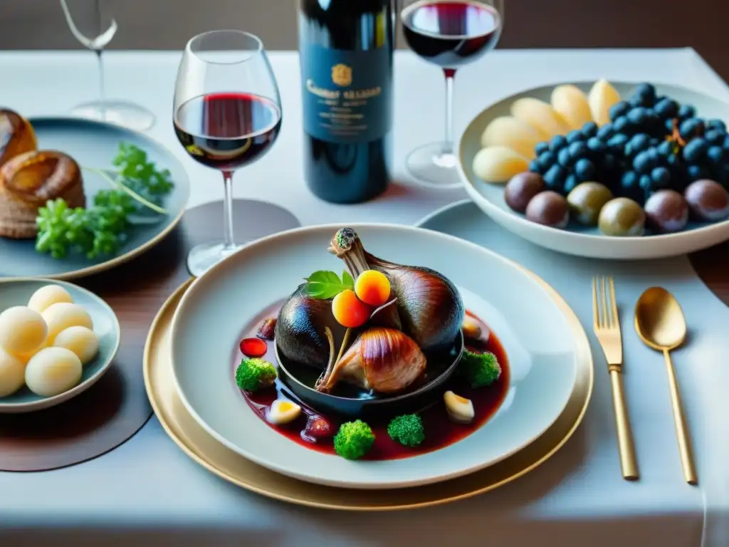 Una mesa de comedor lujosa con platos exquisitos y vinos tintos franceses más codiciados