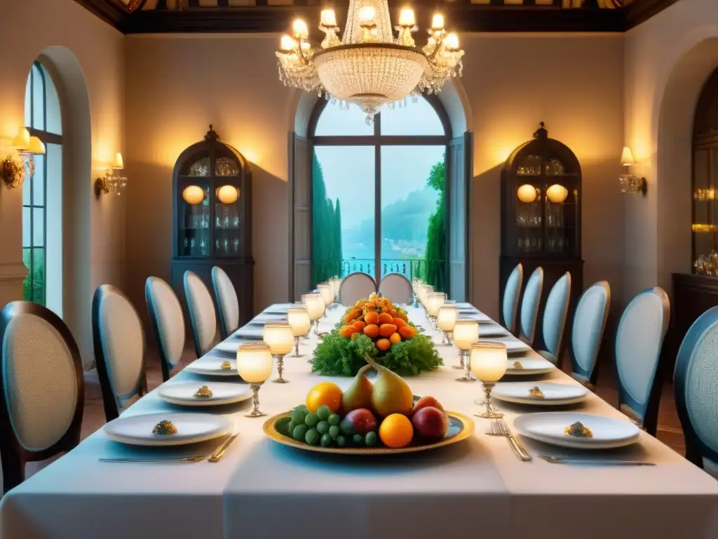 Una mesa de comedor en un lujoso castillo francés con exquisita gastronomía y elegante ambientación de época