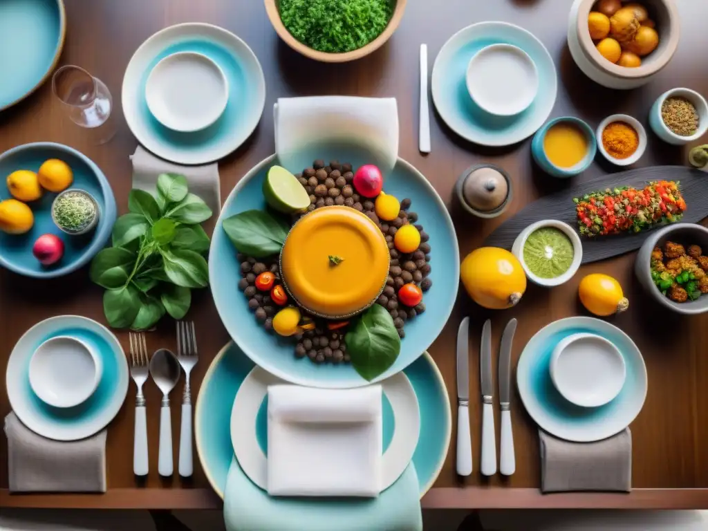 Una mesa de comedor de madera adornada para un banquete francés, con influencia mundial, rodeada de personas disfrutando de una festín multicultural