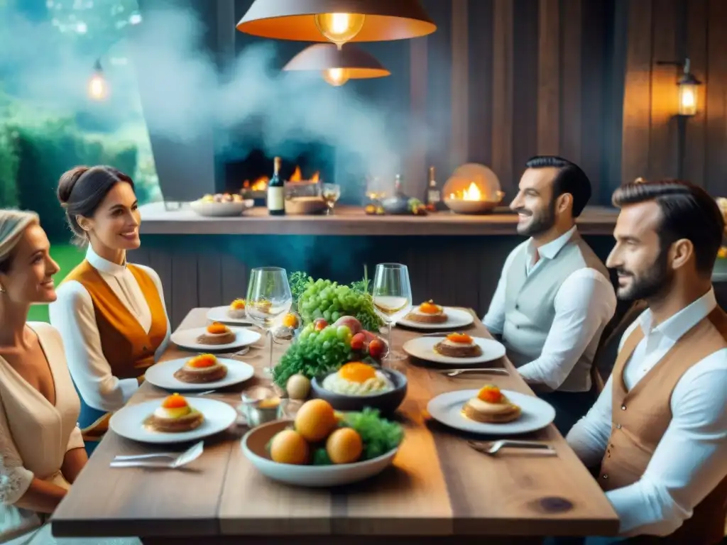 Una mesa de comedor de madera, llena de platos de Gastronomía francesa tradicional innovadora, rodeada de gente disfrutando en la campiña francesa