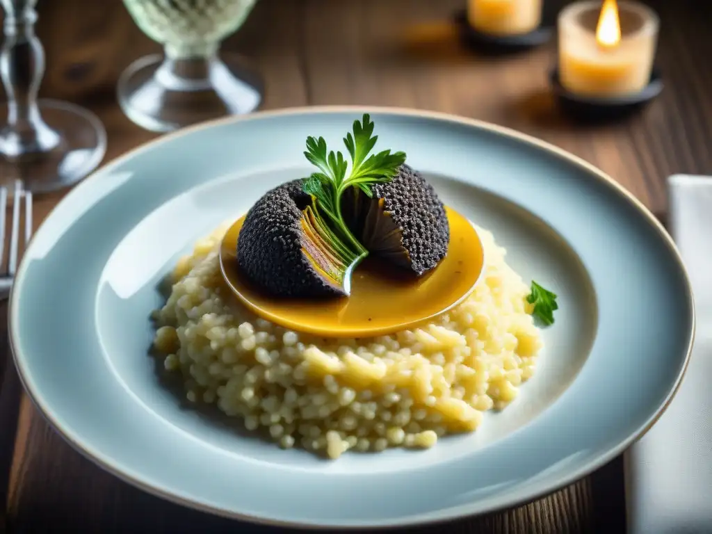 Una mesa de comedor de madera rústica finamente decorada con vajilla de lujo y un exquisito risotto de trufas negras Périgord