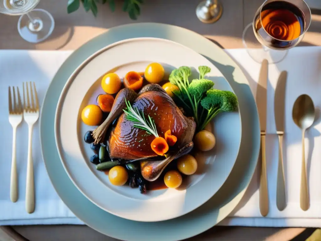 Una mesa de comedor bellamente preparada en el campo francés con platos clásicos y refinados, representación cocina francesa películas bélicas