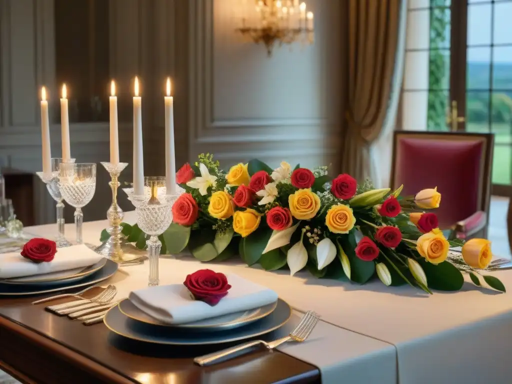 Una mesa de comedor exquisitamente preparada en un lujoso castillo francés, con fina vajilla, cristalería brillante y cubiertos intrincados