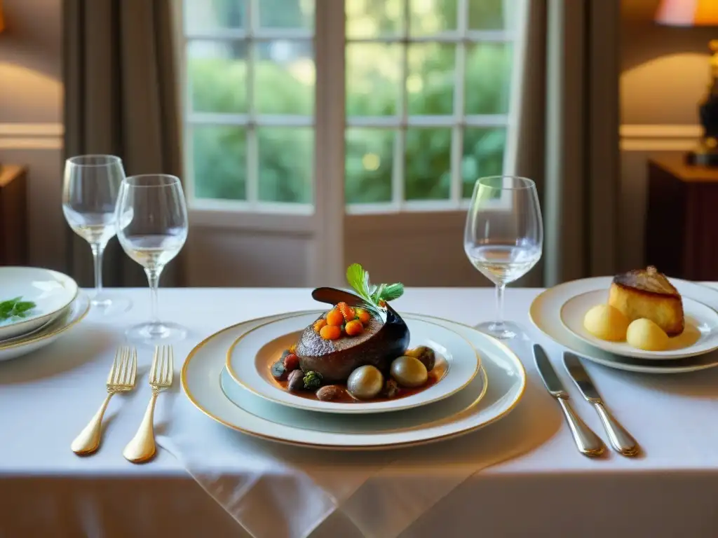 Una mesa de comedor exquisitamente preparada con platos franceses clásicos y maridajes gastronómicos cocina francesa