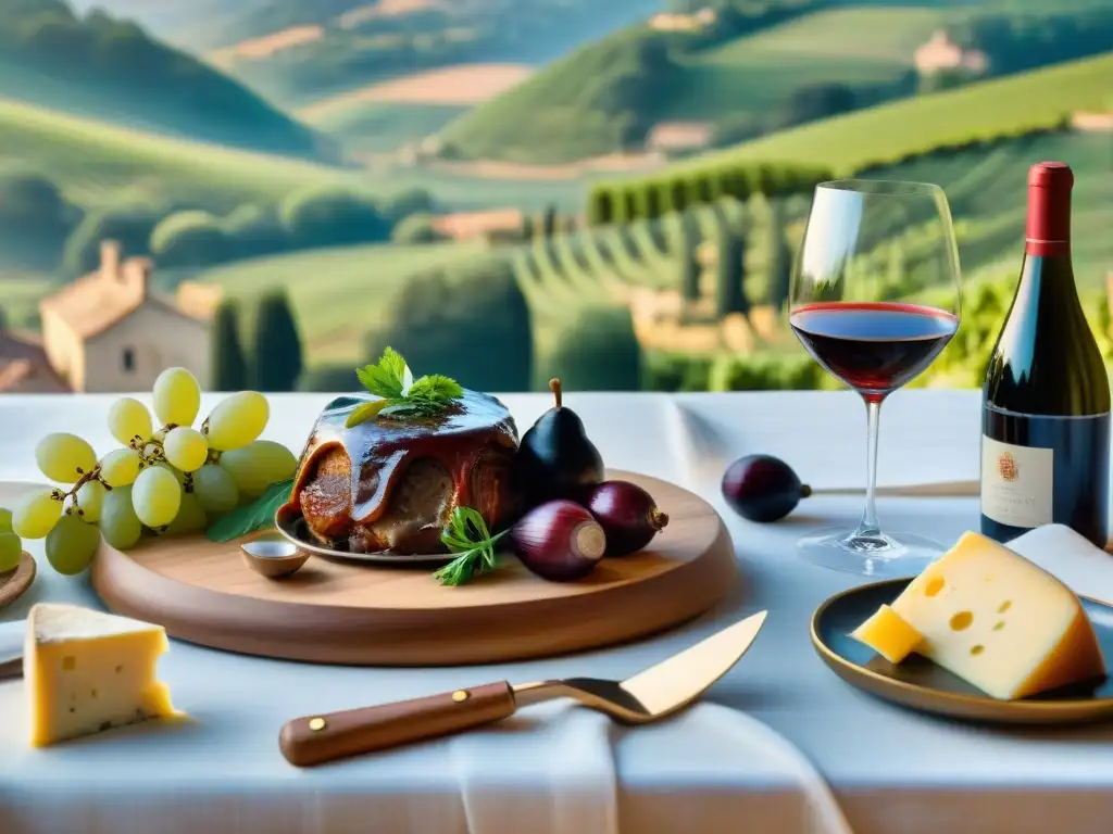 Una mesa de comedor exquisitamente preparada con platos franceses tradicionales y vinos, en un ambiente campestre francés