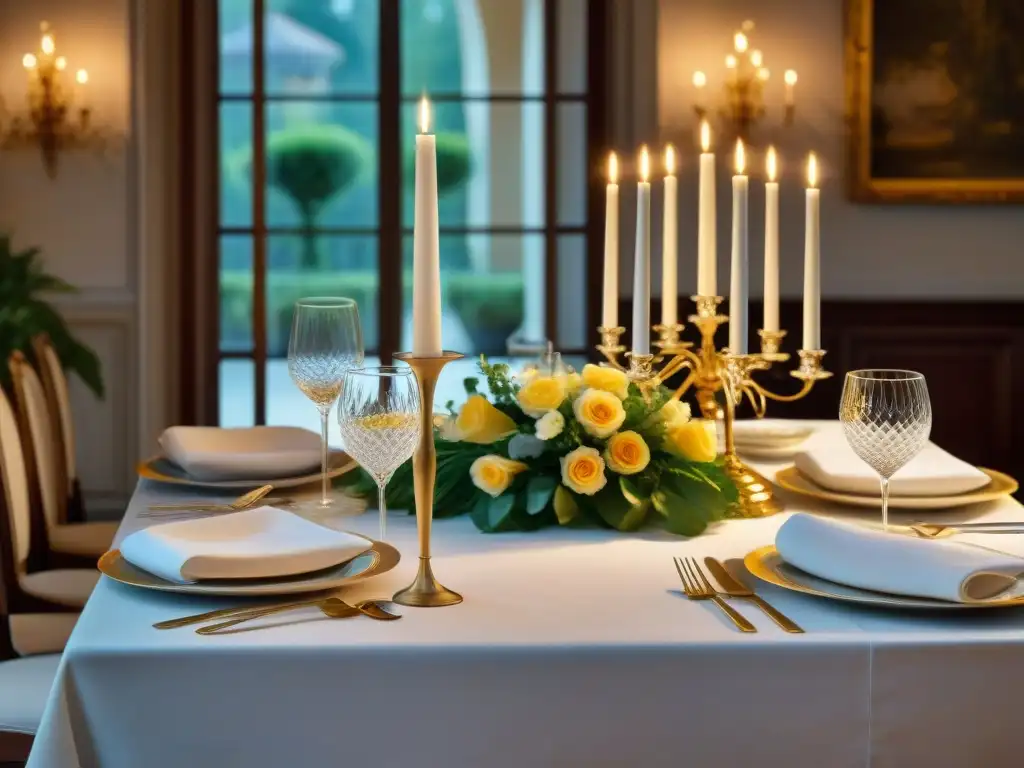 Una mesa de comedor exquisitamente puesta en un gran castillo francés, iluminada por la cálida luz de las velas, mostrando vajilla de porcelana adornada con delicados detalles dorados, cristalería brillante reflejando el entorno opulento y cubertería de plata elegante