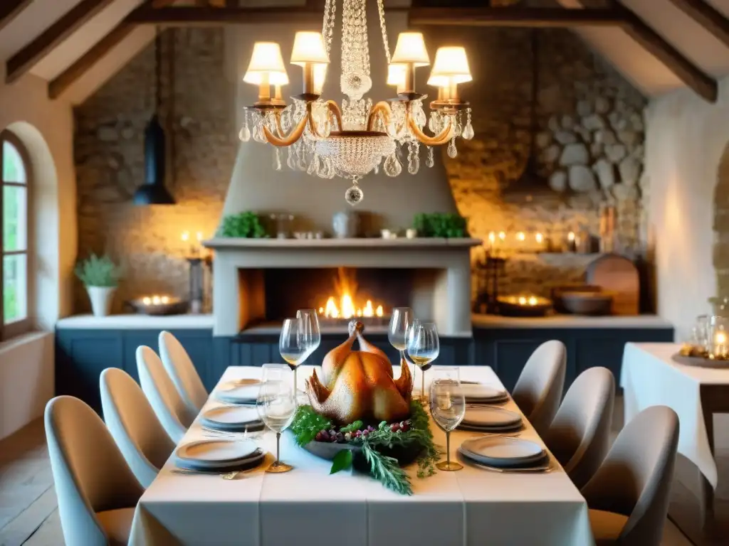 Una mesa de comedor rústica en una cocina francesa, lista para un maridaje de vinos y aves en Francia