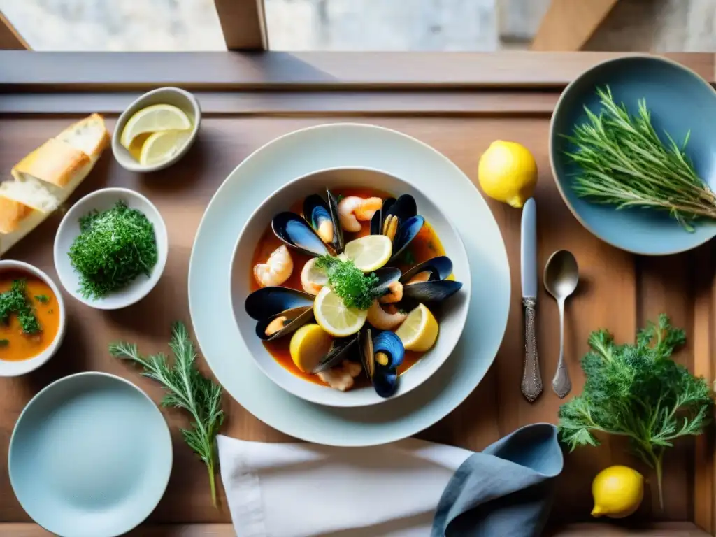 Una mesa de comedor rústica con platos de mariscos franceses saludables como bouillabaisse, Coquilles St