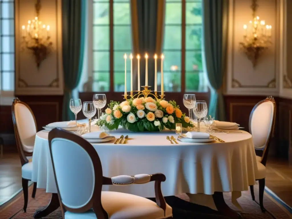 Mesa de comedor de lujo del siglo XIX en un château francés Una mesa de comedor del siglo XIX en un elegante château francés, con vajilla de porcelana, cubiertos de plata y copas de cristal