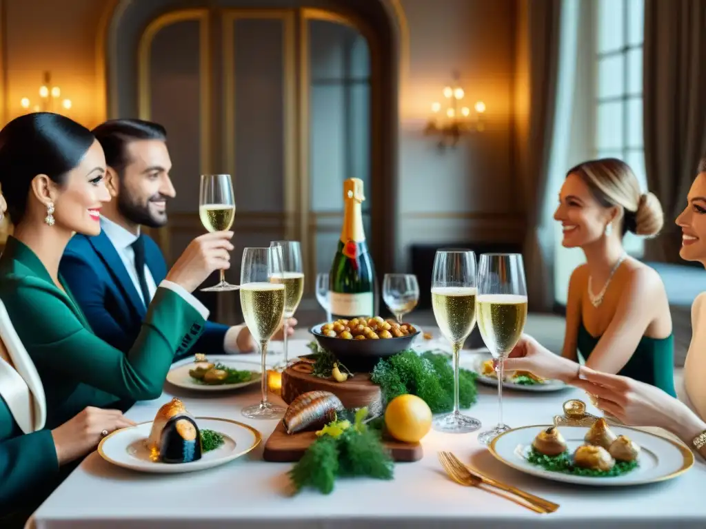 Una mesa de comedor sofisticada francesa con copas de champán, platos decadentes y elegante gente celebrando