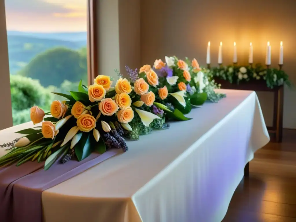 Una mesa elegantemente decorada con arreglos florales inspirados en Francia, bañada por cálida luz natural