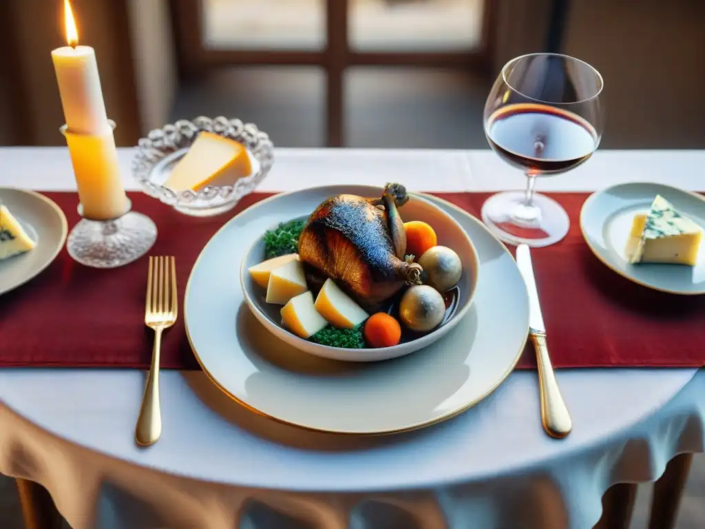 Exquisita mesa francesa con Coq au Vin y Boeuf Bourguignon Una mesa exquisitamente decorada en un bistró francés tradicional, con delicias de la Borgoña maridadas perfectamente con vinos locales