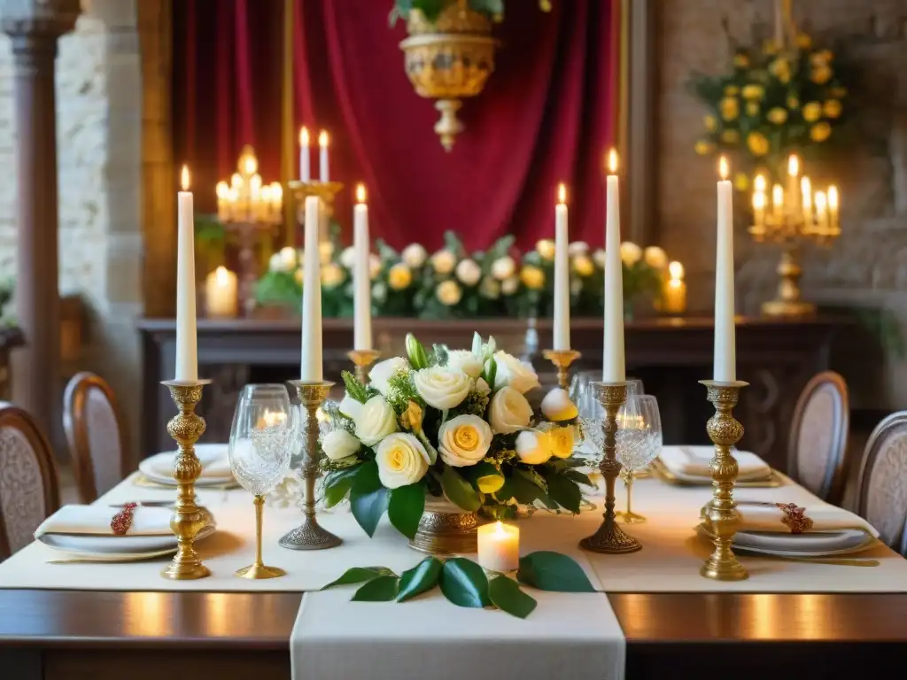 Una mesa ricamente decorada para una cena temática francesa gastronomía, con detalles medievales y ambiente opulento