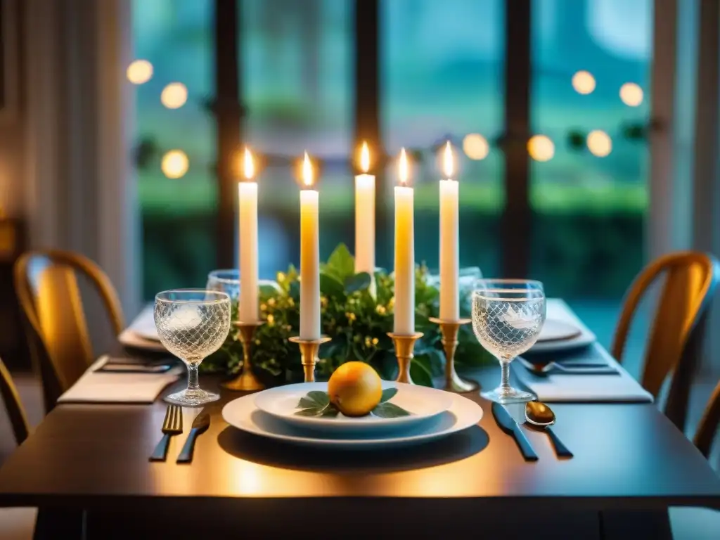 Una mesa elegantemente decorada con iluminación para cenas gourmet