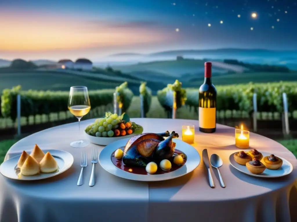 Cena de lujo bajo las estrellas en viñedos franceses Una mesa bellamente decorada bajo el cielo estrellado en la campiña francesa, rodeada de viñedos y iluminada por velas