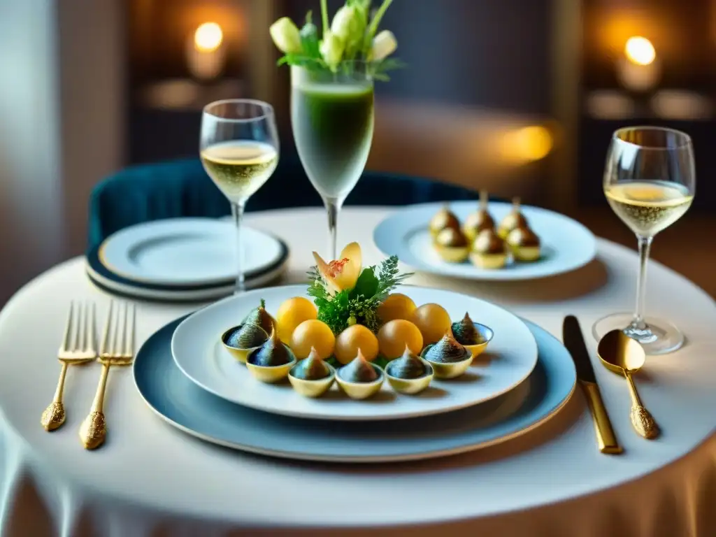 Una mesa lujosamente decorada con copas de champán y exquisitos platillos franceses