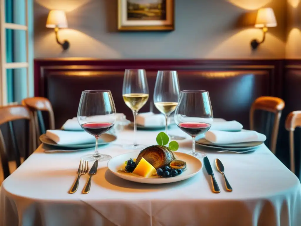 Una mesa elegantemente decorada en un encantador bistró francés en Burdeos, con exquisita gastronomía y vinos