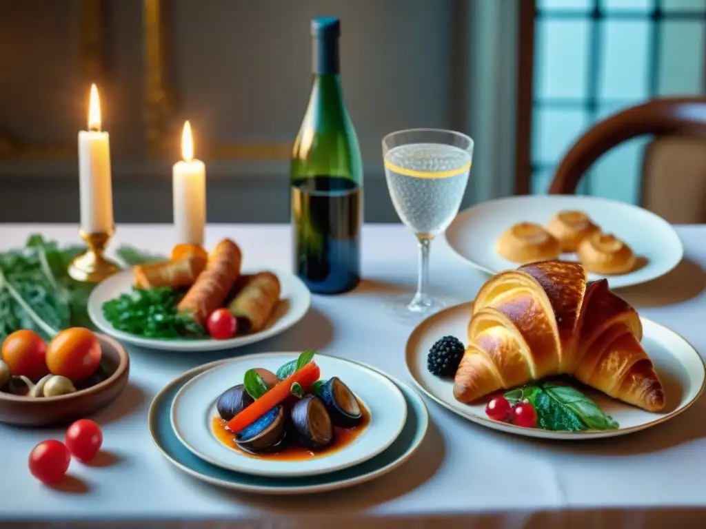 Una mesa bellamente decorada con exquisitos platillos veganos franceses en fina vajilla y cristalería, iluminada por velas