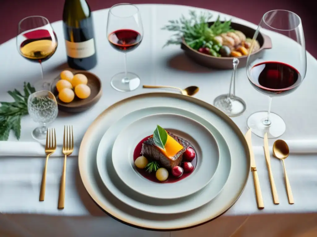 Una mesa elegantemente decorada con exquisitos platos y vinos Borgoña, resaltando maridajes exquisitos con vinos Borgoña