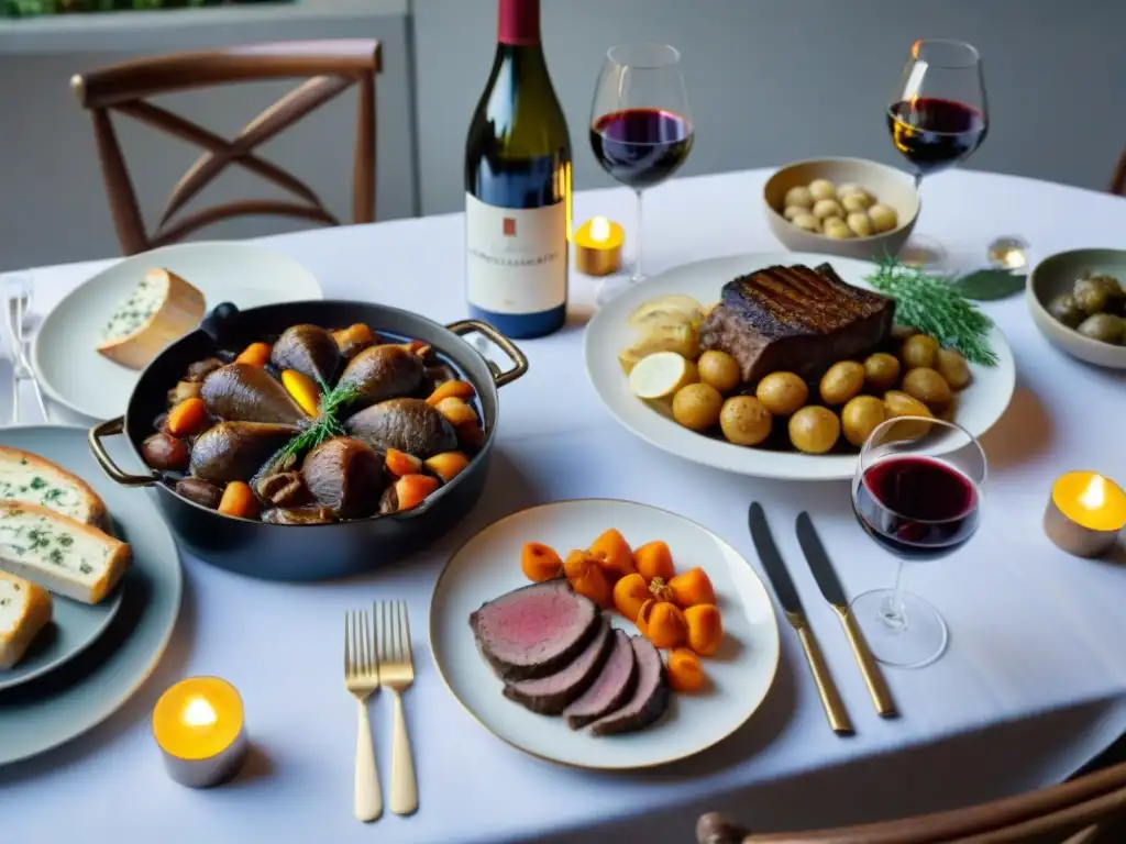 Una mesa exquisitamente decorada con platos franceses tradicionales y vinos ideales para platos franceses