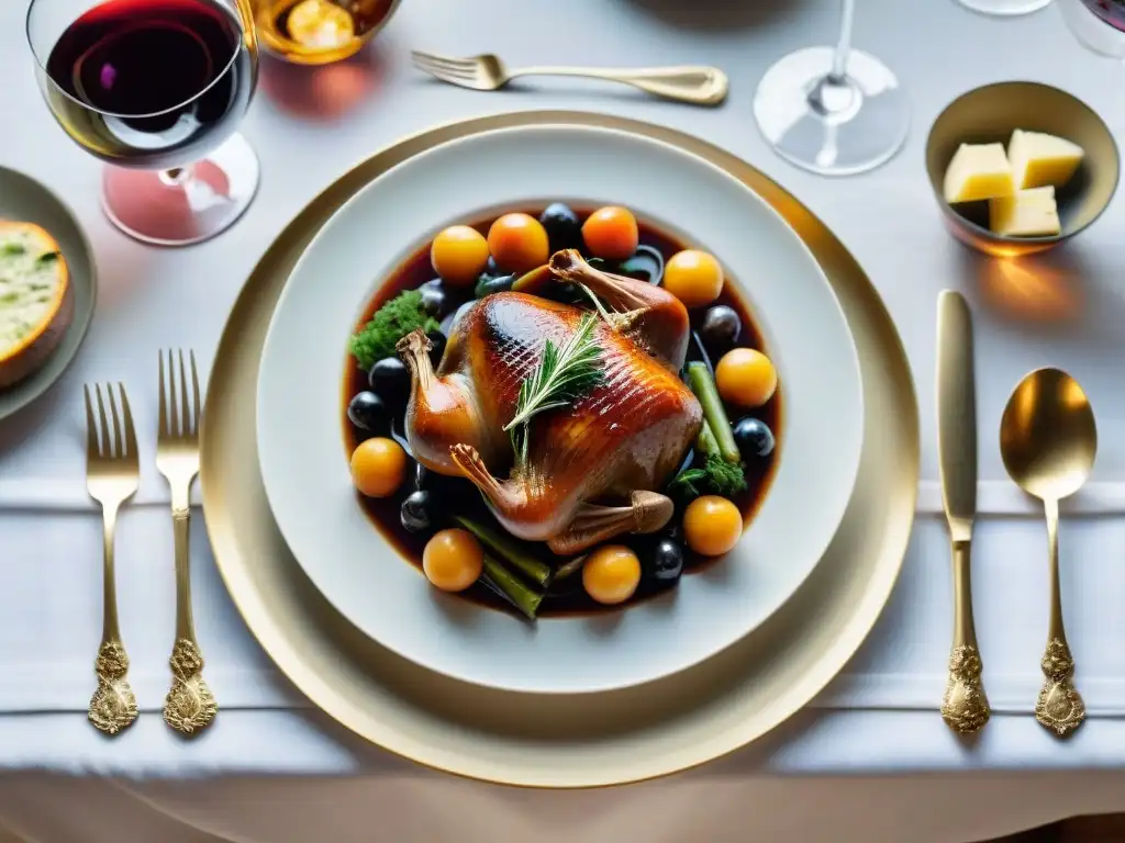 Una mesa exquisitamente decorada con platos de la gastronomía francesa, vinos y quesos finos, irradiando elegancia y sofisticación