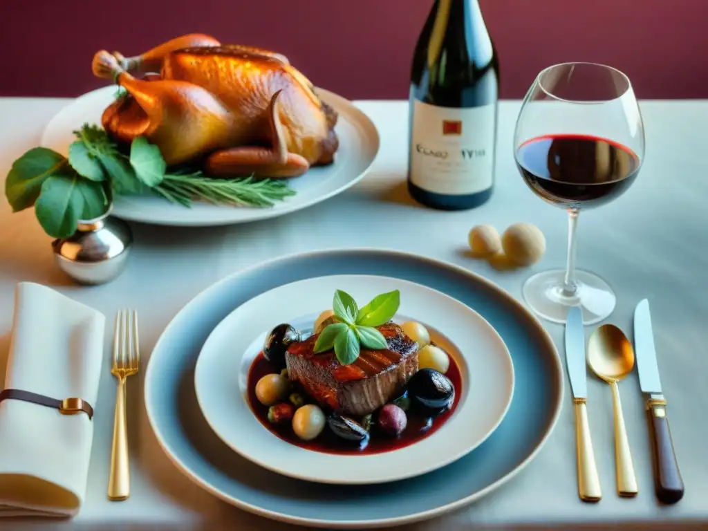 Una mesa exquisitamente decorada con platos tradicionales franceses y vinos tintos de Provenza