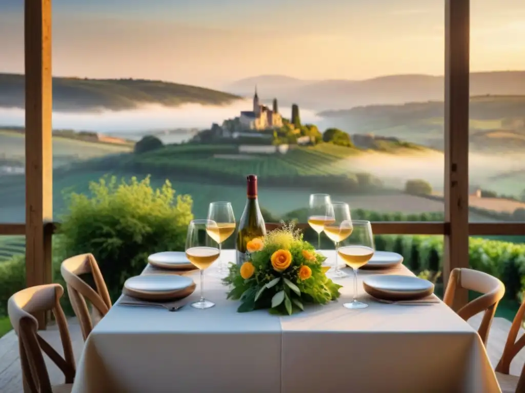 Exquisita mesa eco en restaurante chic en Francia Una mesa elegantemente decorada en un restaurante ecofriendly en Francia, rodeada de exuberante vegetación y con vista panorámica