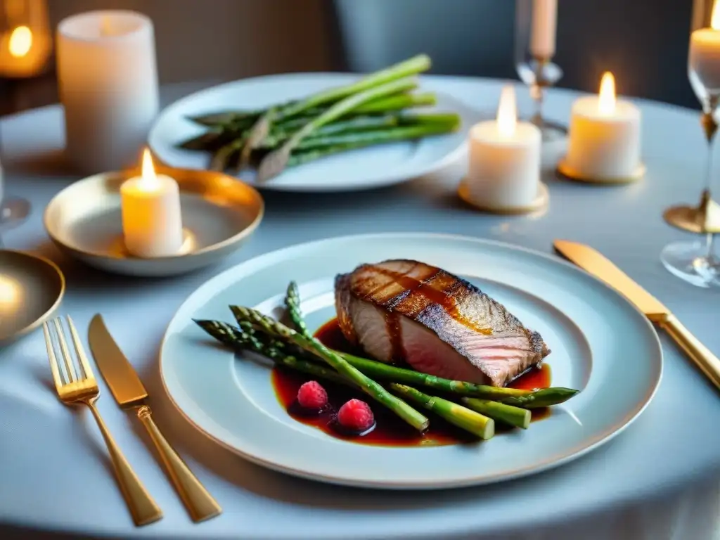 Una mesa elegantemente decorada con vajilla francesa, destacando un plato exquisitamente presentado