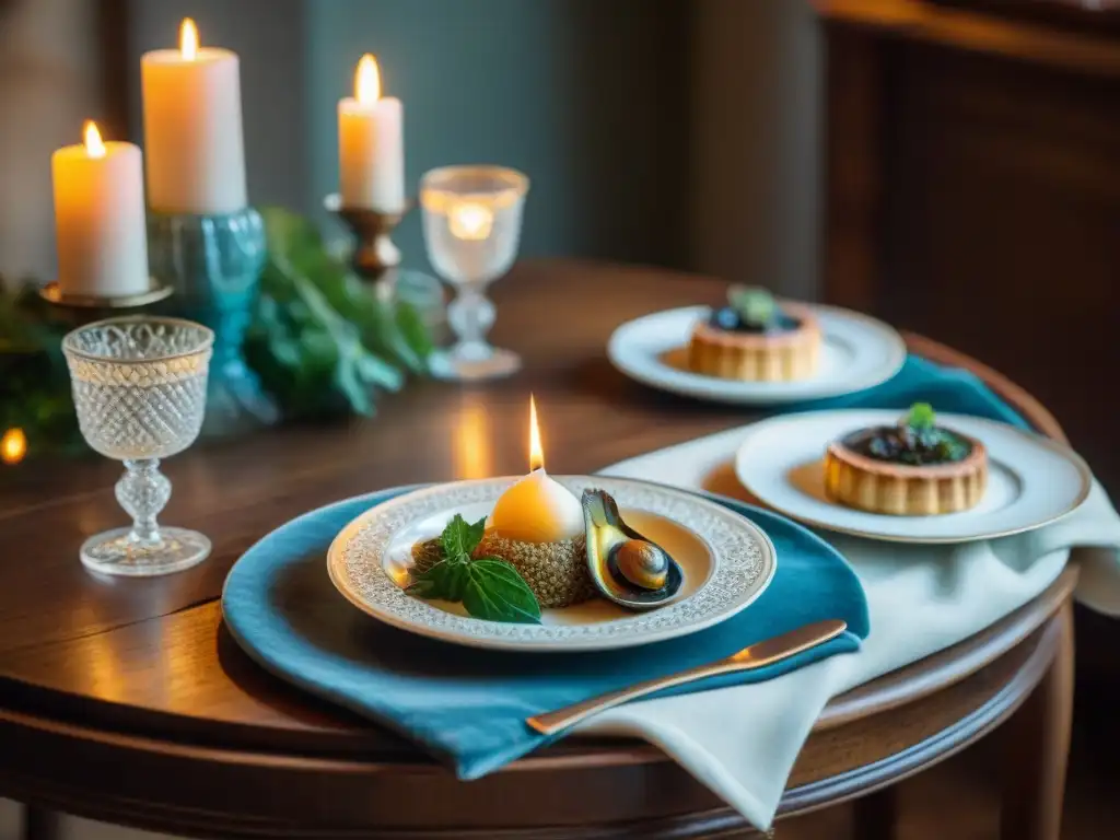 Una mesa elegantemente decorada con vajilla francesa antigua y una exquisita comida, iluminada por velas