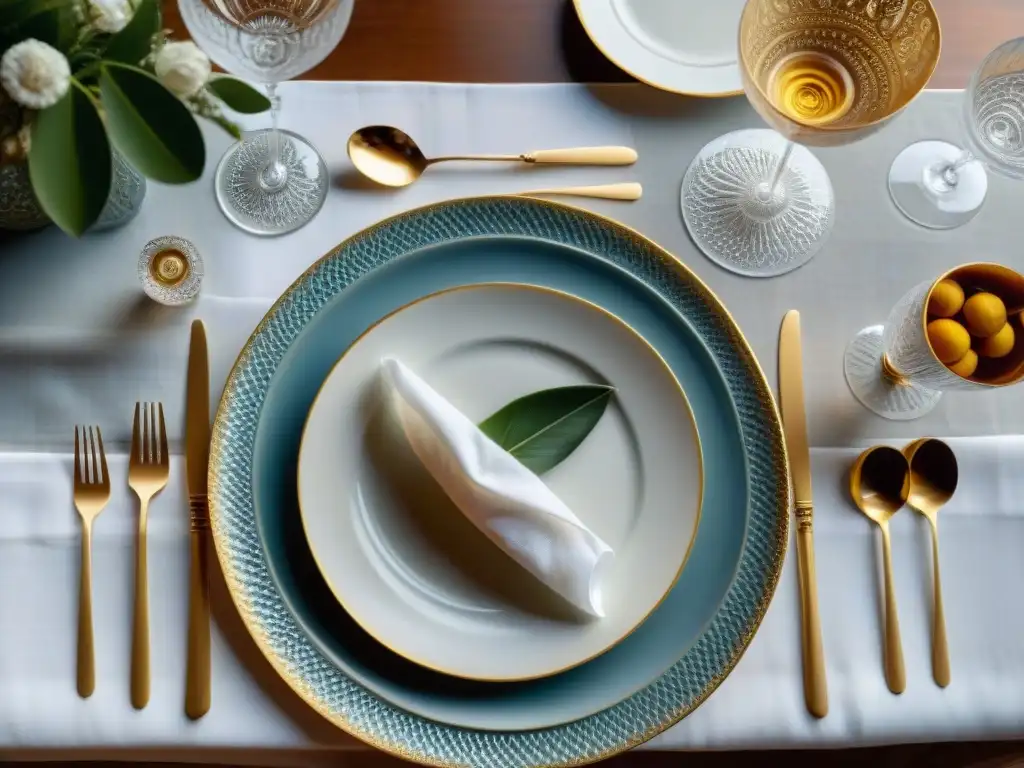 Una mesa elegantemente decorada con vajilla francesa de lujo, cristalería y cubertería fina