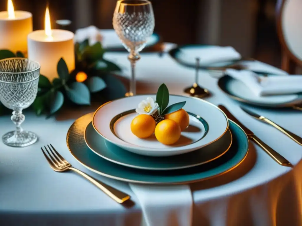 Una mesa elegantemente decorada con vajilla francesa, cristalería fina y cubiertos de plata, iluminada por velas