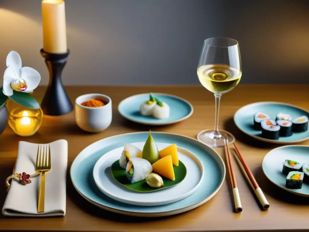 Una mesa elegantemente decorada con vinos blancos franceses y cocina asiática