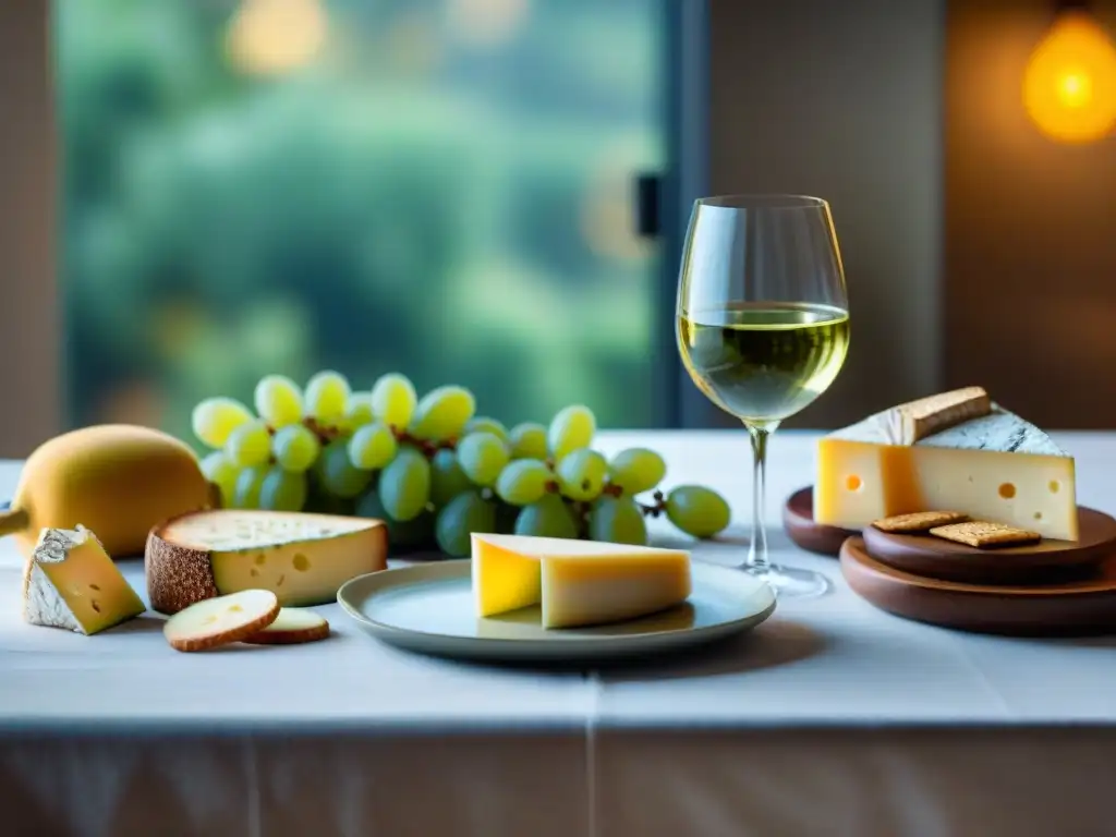 Una mesa decorada con vinos blancos franceses, quesos, frutas frescas y galletas artesanales, ideal para maridajes vinos blancos franceses innovadores