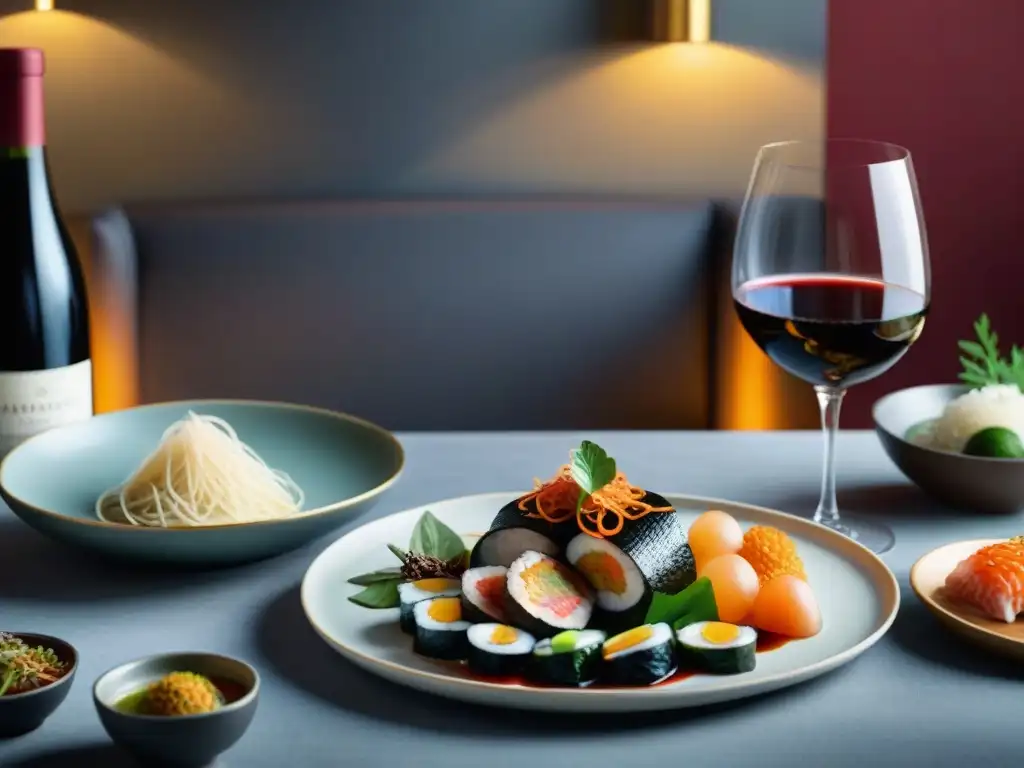 Una mesa delicadamente decorada con vinos franceses y platos asiáticos, creando un maridaje perfecto