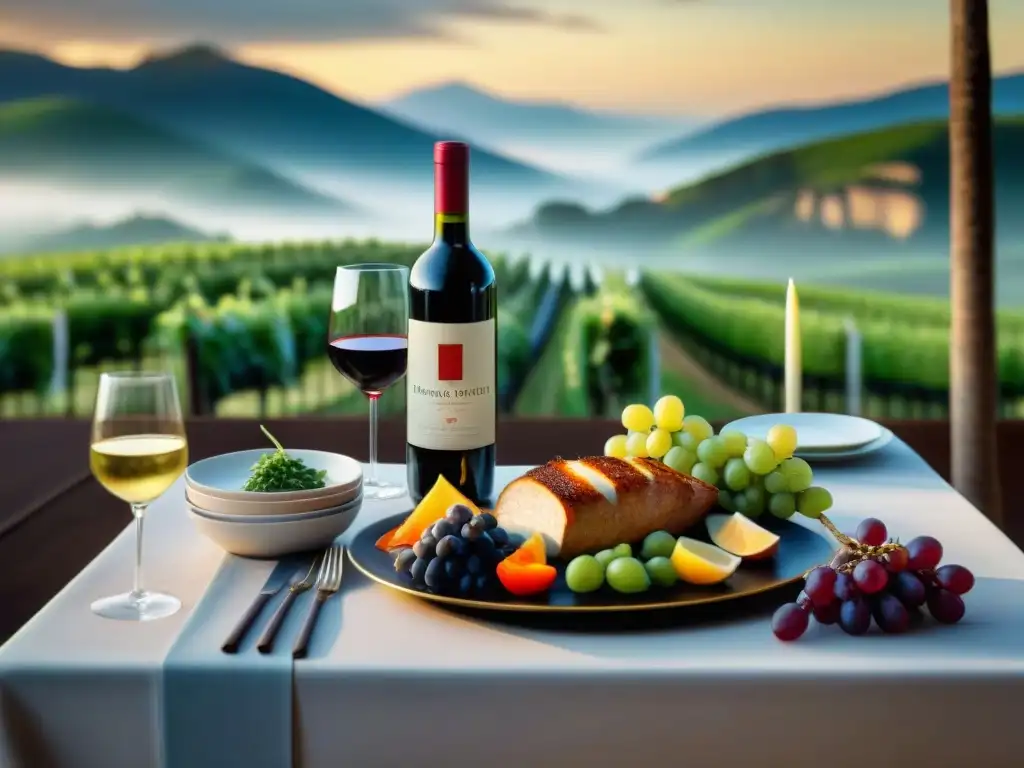 Una mesa exquisitamente decorada con vinos franceses y platos asiáticos, en una fusión de sofisticación y cultura