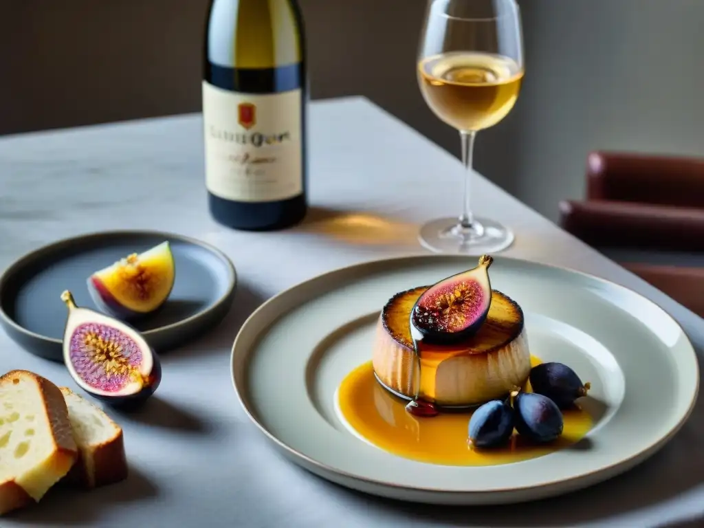 Una mesa elegantemente decorada con vinos Sauternes, Foie Gras, higos frescos y miel, ideal para maridajes vinos Sauternes y Foie Gras