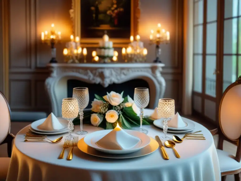 Una mesa elegantemente dispuesta con vajilla francesa, cubiertos de plata, cristalería y centro floral