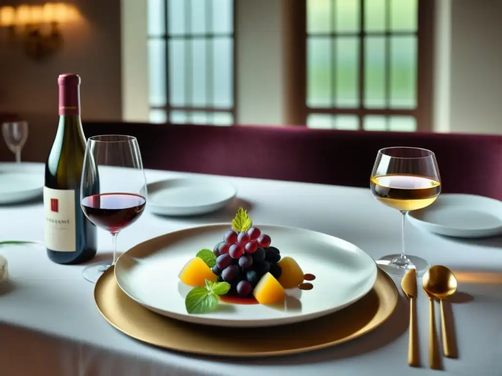 Exquisita mesa con vino de Borgoña y plato francés moderno Una mesa elegantemente dispuesta con vino Borgoña, copas y un plato francés moderno, bañada en suave luz natural