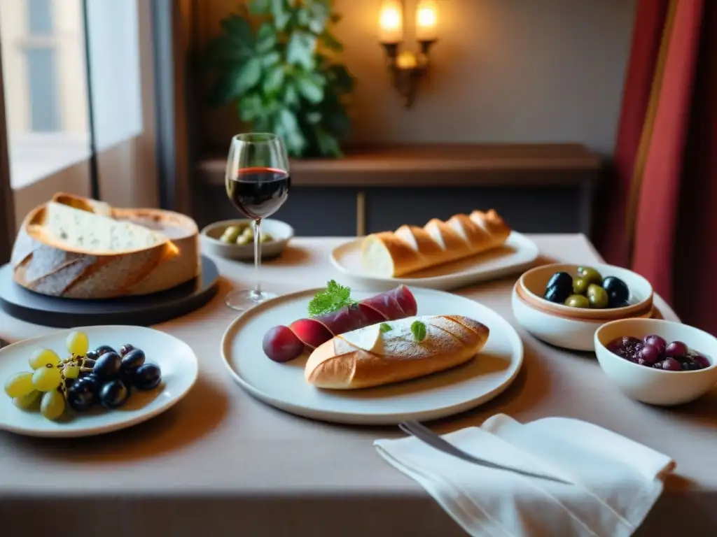 Una mesa elegante en un acogedor bistró francés con una variedad de alimentos tradicionales franceses