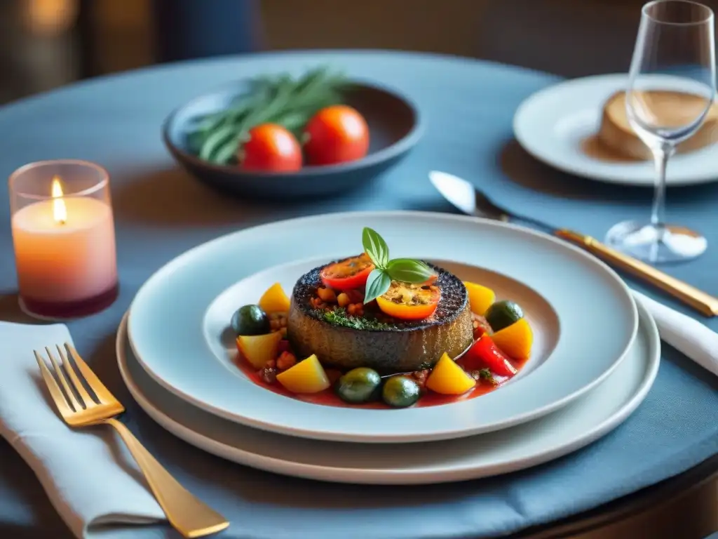 Una mesa elegante en un acogedor bistró francés con Ratatouille y Rosado de Provenza, para maridajes atrevidos gastronomía francesa