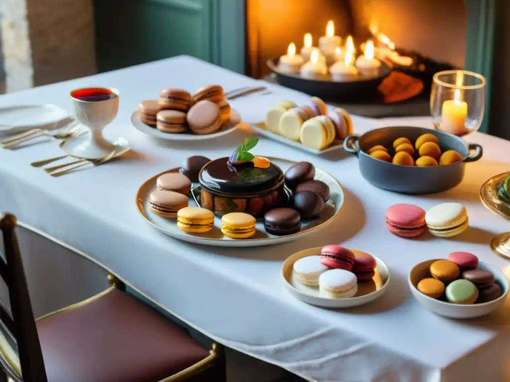 Una mesa elegante en un acogedor bistró francés, con platillos típicos y una atmósfera cálida