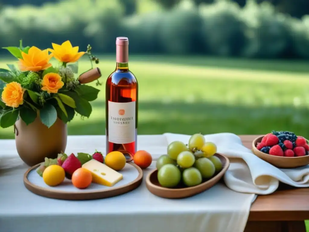 Mesa elegante al aire libre con vino rosado, frutas frescas y quesos, ideal para maridajes con vinos rosados verano