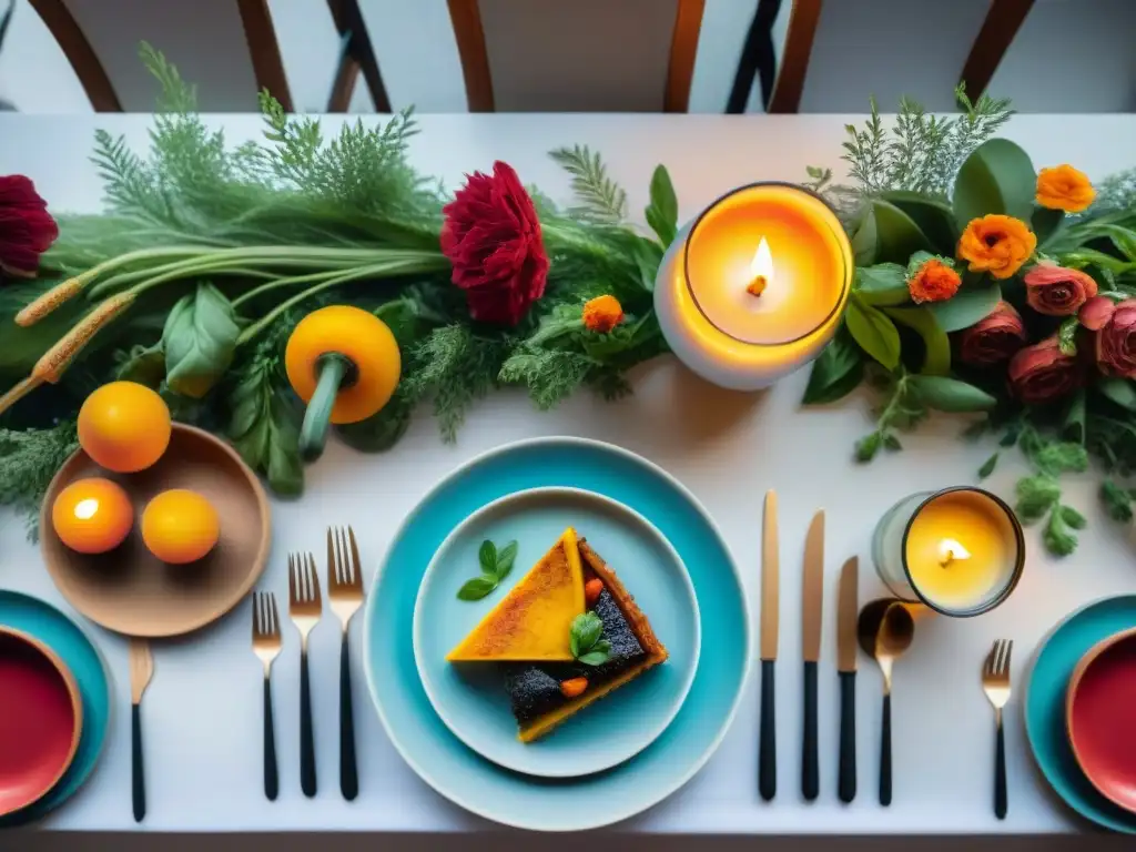 Una mesa elegante para un banquete vegano francés, con platos coloridos y exquisitos