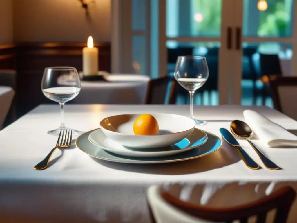 Una mesa elegante en un bistró francés, con mantel blanco, cubiertos plateados y cristalería fina, iluminada por velas