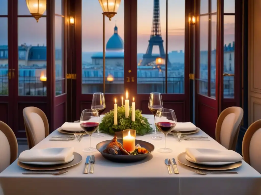 Una mesa elegante en un bistró parisino con vino Bordeaux