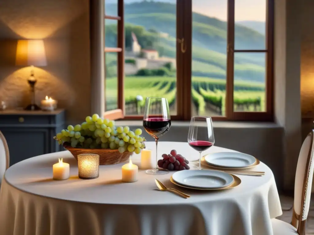 Exquisita mesa de vino y gastronomía francesa en el campo Una mesa elegante en el campo francés, con vinos de Borgoña y gastronomía francesa